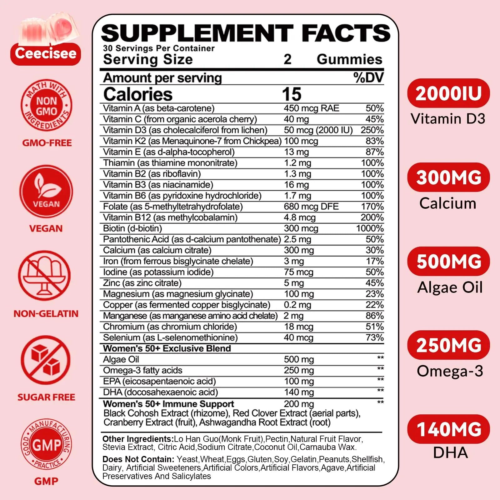 Ceecisee Vitamin Gummies for 50+ Women: Organic Vegan Multivitamin with Iron Omega3 B12 D3 Biotin Zinc Ashwagandha for Hair Skin Health Energy Immune Suppor Ceecisee