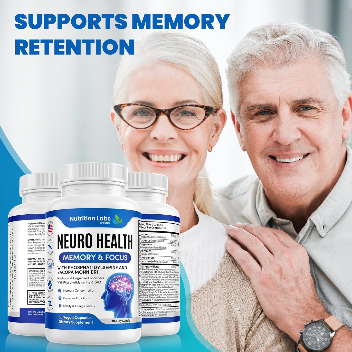 Nootropic & Neuro Brain Supplement for Memory & Focus Support. Clinically Tested Vitamins for Mental Support & Cognitive Clarity W/Bacopa Monnieri, VIT A, B6, Riboflavin, Niacin, Thiamin & Folate NUTRITION LABS BE BETTERBuy Supplements Australia