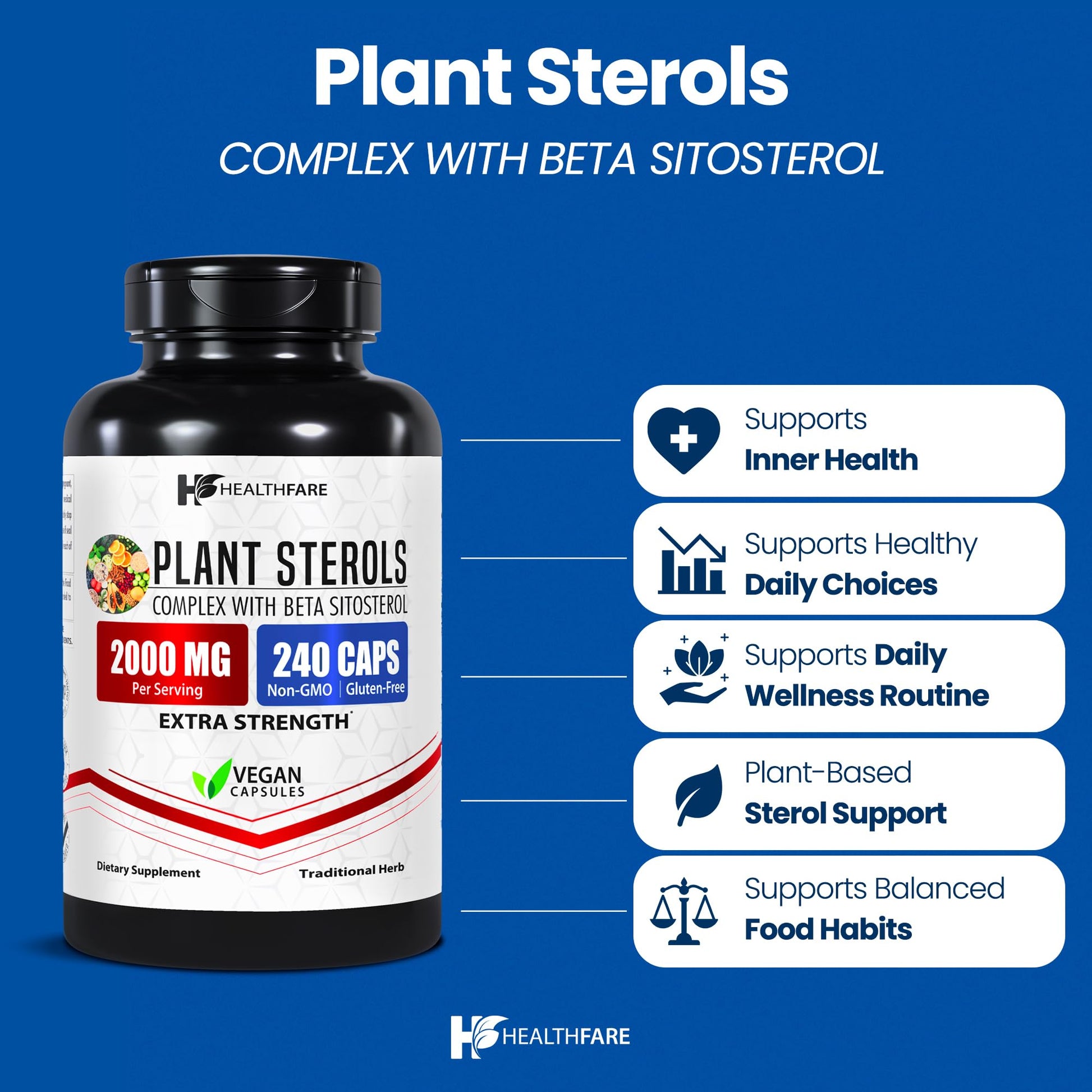 Healthfare Plant Sterols Capsules 2000mg | 240 Vegan Capsules | Beta Sitosterol & Phytosterol Complex | Plant-Based Supplement | Non-GMO & Gluten-Free | Made in the USA HealthfareBuy Supplements Australia