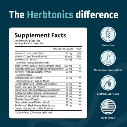 Herbtonics Sea Moss, Black Cumin Seed, Ashwagandha, Burdock Root & ACV Complex | Manage Immunity, Stress & Digestion Support | 60 Capsules (2 Capsules Per Serving) HerbtonicsBuy Supplements Australia