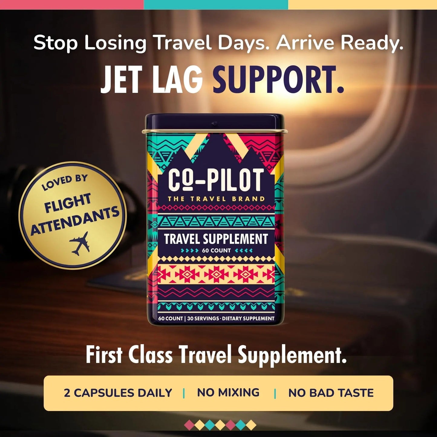 Travel Vitamin Supplement for Flight and Daily, Jet Lag, Energy, Immune, Digestion Support, Promote Calmness with Ashwagandha, Rhodiola, Chia Co-Pilot The Travel BrandBuy Supplements Australia