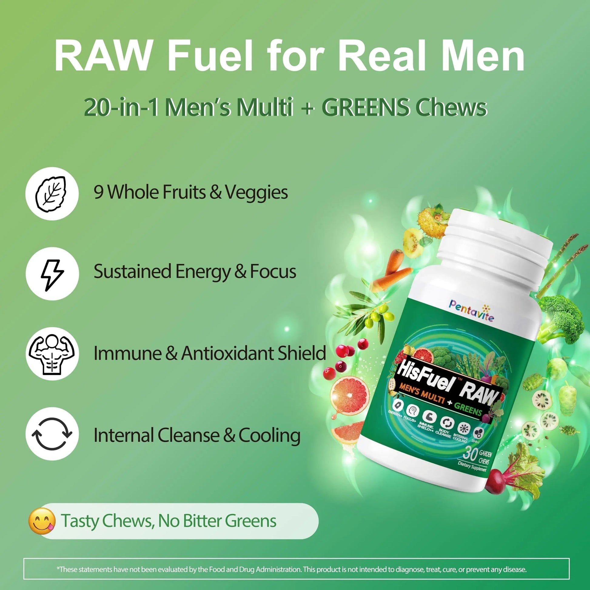 Pentavite HisFuel Multivitamin for Men, 20-in-1 Mens Vitamins with Natrual Fruits & Veggies, Vitamins & Minerals, Taurine, Boost Energy & Health Pentavite