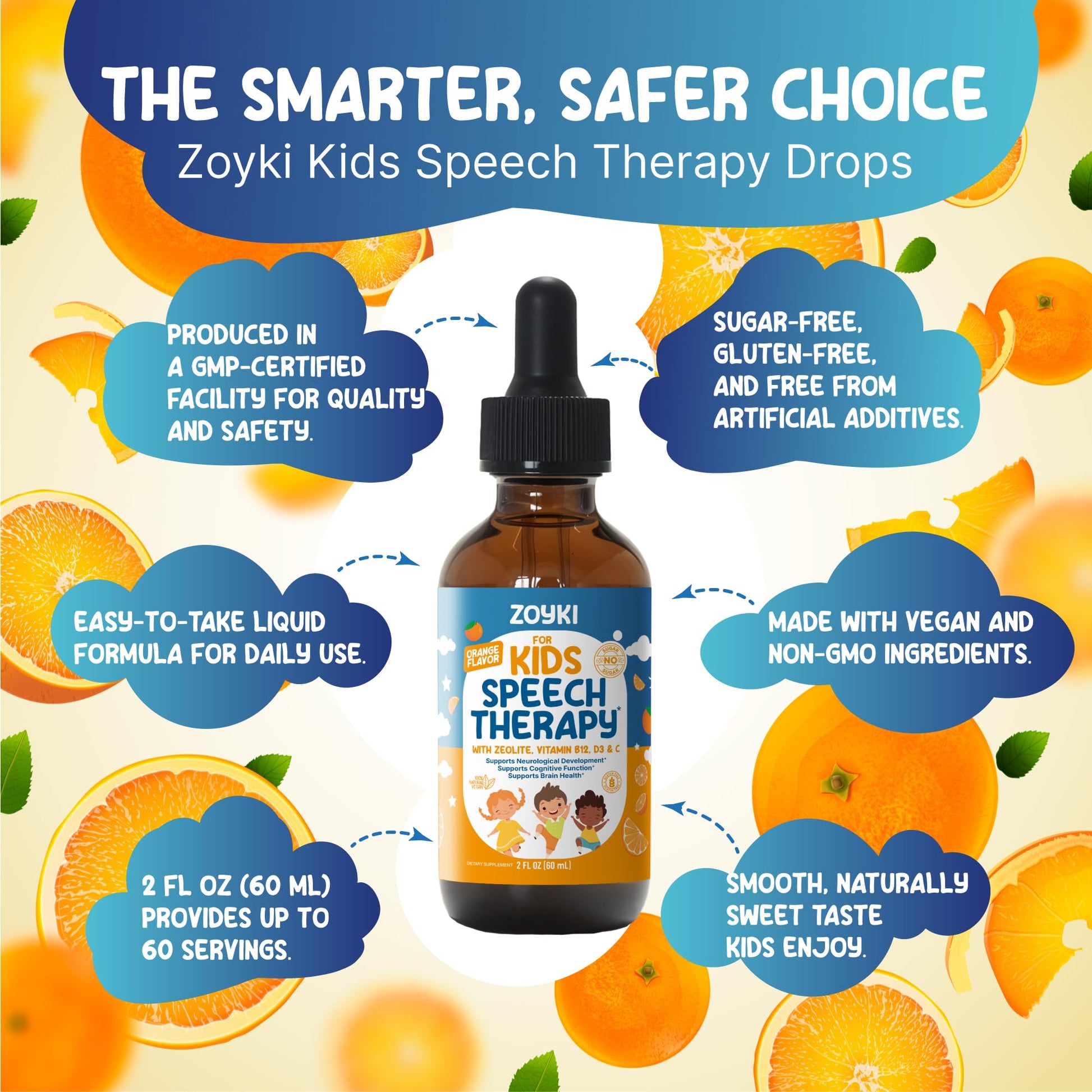 Zoyki Speech Therapy Drops for Kids - Speech Support Supplement for Communication Delay Cognitive Function Language & Brain Development with Zeolite Vitamins B12 D3 C - Sugar Free Gluten-Free Vegan ZoykiBuy Supplements Australia