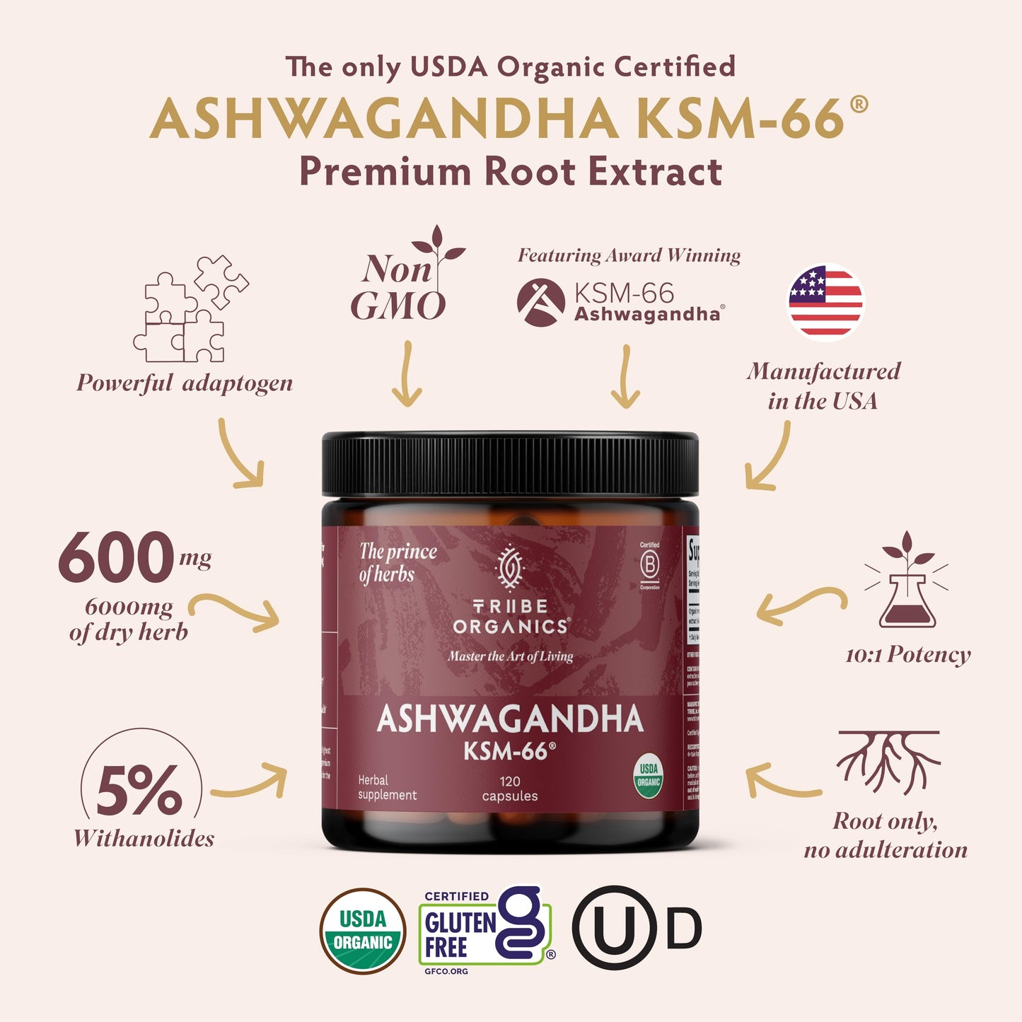 TRIBE ORGANICS Ashwagandha KSM 66 Pure Organic Root Powder Extract Ayurvedic Supplement - Focus, Mood Support, Increase Energy, Strength, 600mg of Natural KSM66