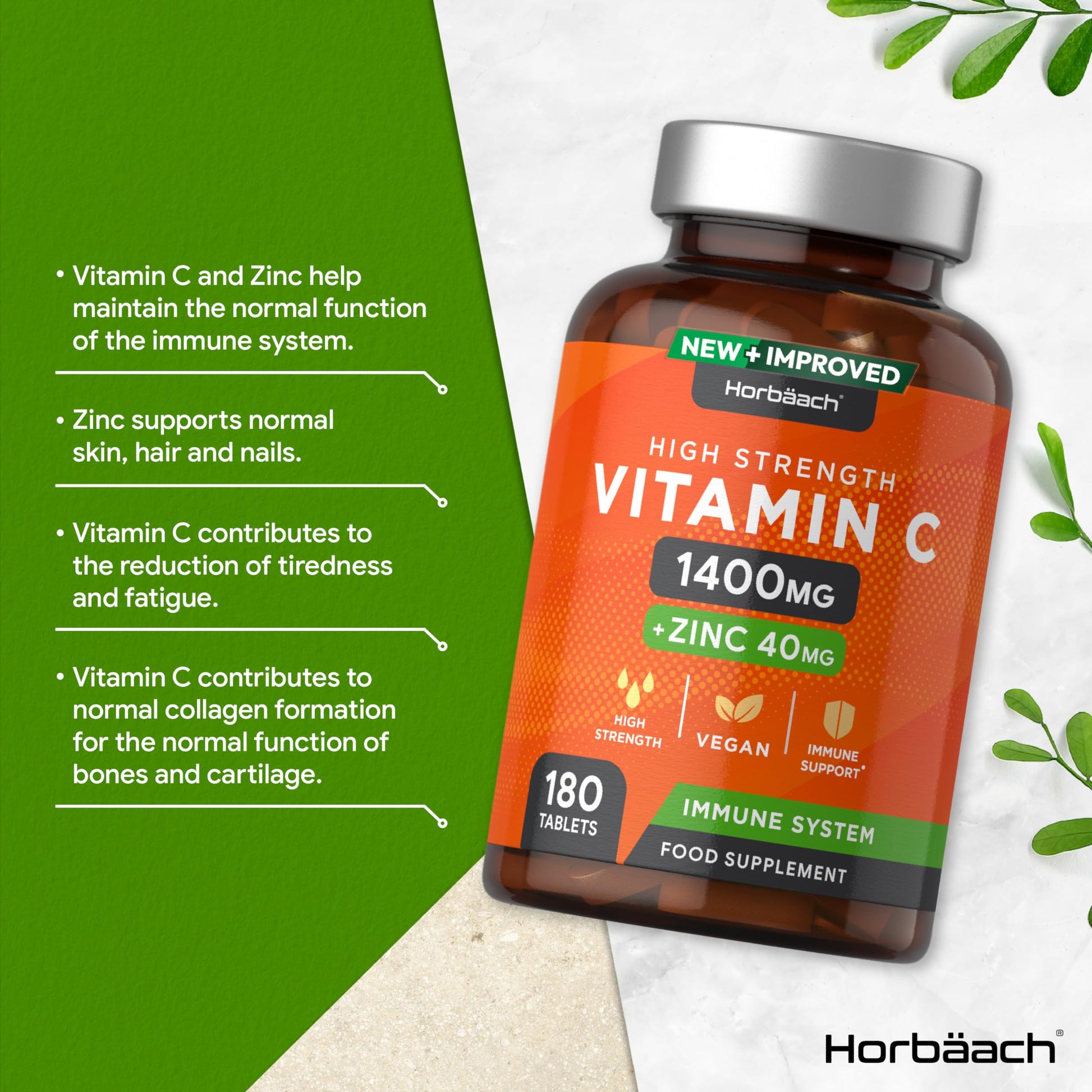 Vitamin C and Zinc | 180 Vegan Tablets | High Strength Vitamin C 1400mg and Zinc 40mg HorbäachBuy Supplements Australia