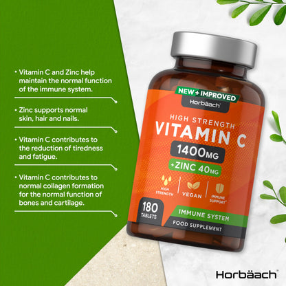 Vitamin C and Zinc | 180 Vegan Tablets | High Strength Vitamin C 1400mg and Zinc 40mg HorbäachBuy Supplements Australia