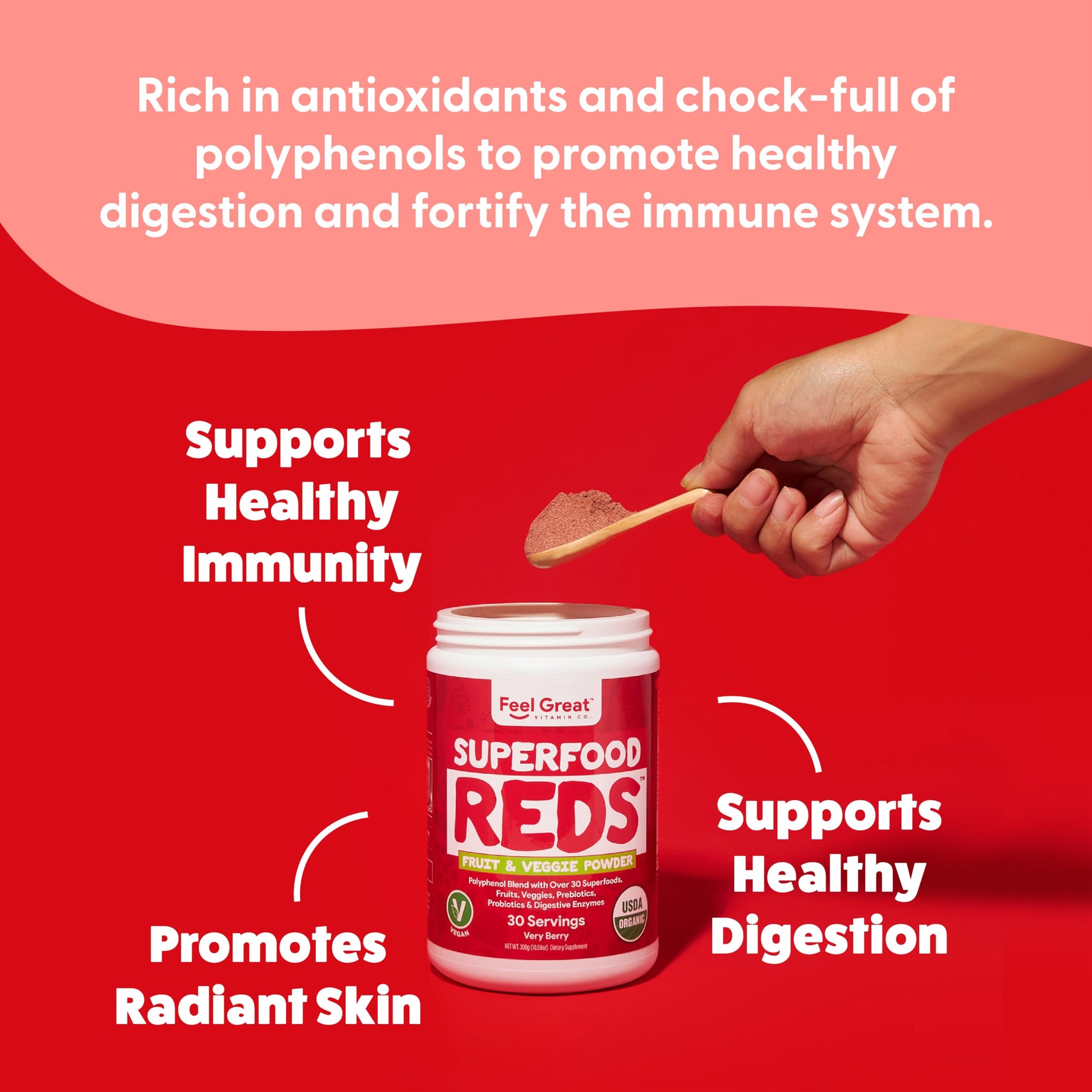 Feel Great Organic Superfood Reds Powder Packed with Beet Root Powder | Digestive Support Including Bloating Relief | Fruit and Veggie Polyphenols Supplement. The Feel Great Vitamin CompanyBuy Supplements Australia