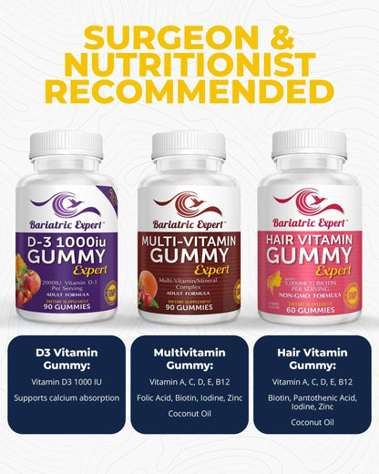 Bariatric Multivitamin 3 Pack, Multivitamin Gummy 90 Chews. - D3 Gummies 90 Chew - Hair Vitamin Gummy 60 Chews. Bariatric Food Expert