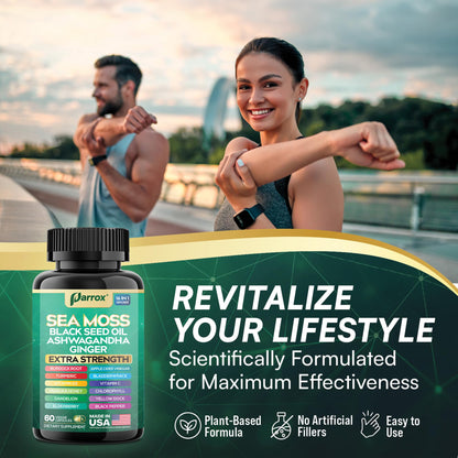 Parrox Sea Moss, Black Seed Oil, Ashwagandha, Turmeric, Chlorophyll, Dandelion, Ginger, Vitamin D3, Black Pepper, Elderberry, ACV, Yellow Dock, Burdock Root, Manuka, Vitamin C, Bladderwrack (60 Caps) ParroxBuy Supplements Australia