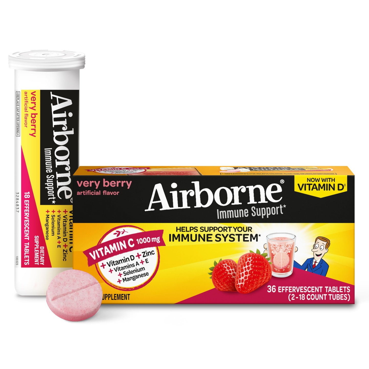 Vitamin C 1000mg (per serving) - Airborne Very Berry Effervescent Tablets (36 count in a box), Gluten-Free Immune Support Supplement, With Vitamins A C E, ZINC, Selenium, Echinacea & Ginger AirborneBuy Supplements Australia