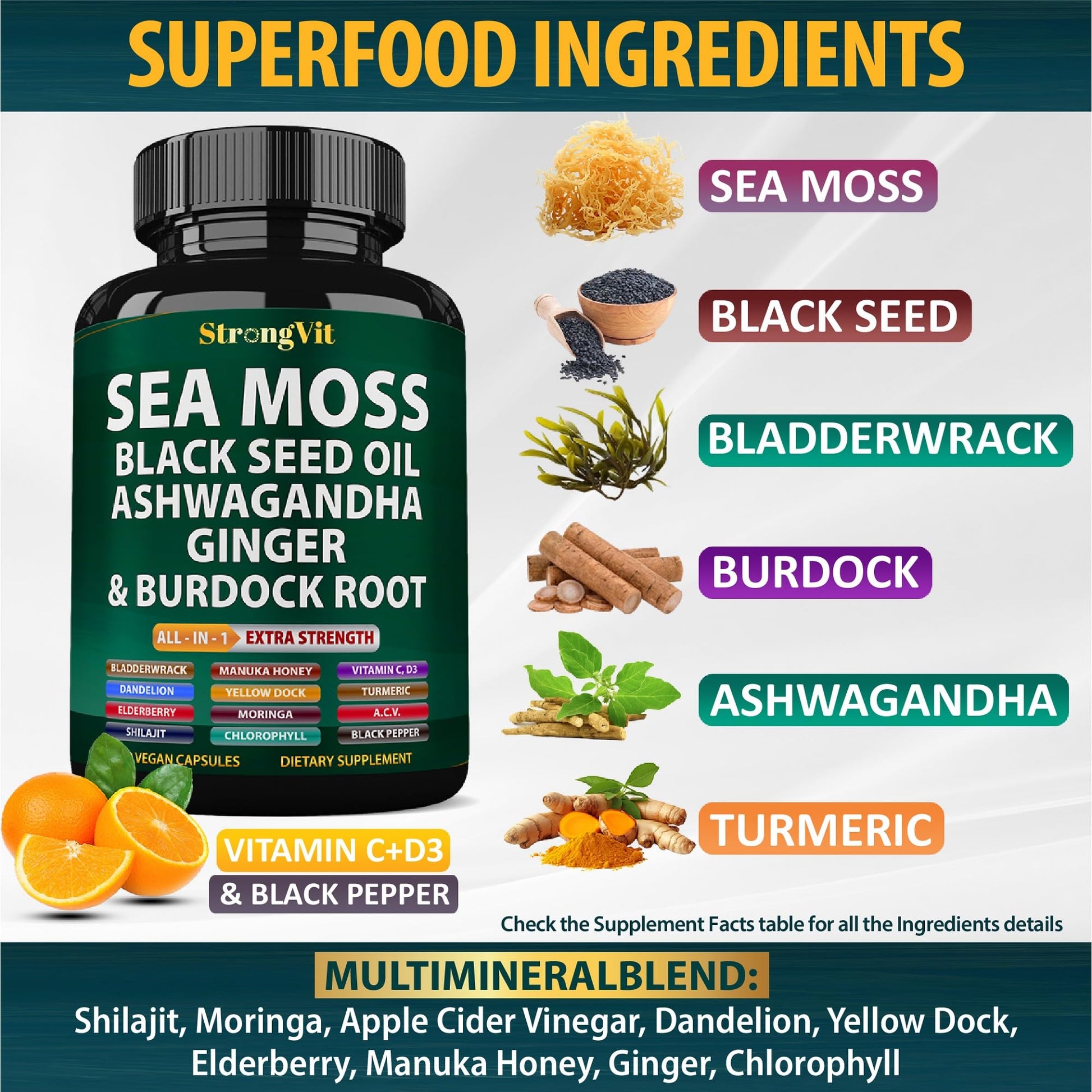 StrongVit Sea Moss Black Seed Oil Ashwagandha Ginger, Organic Sea Moss Capsules with Burdock Root, Irish Seamoss Pills with Bladderwrack, Advanced Multimineral Supplement, USA StrongVitBuy Supplements Australia