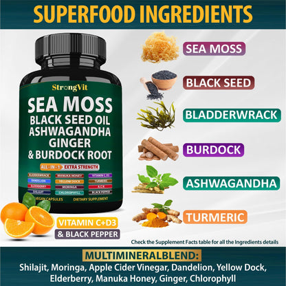 StrongVit Sea Moss Black Seed Oil Ashwagandha Ginger, Organic Sea Moss Capsules with Burdock Root, Irish Seamoss Pills with Bladderwrack, Advanced Multimineral Supplement, USA StrongVitBuy Supplements Australia