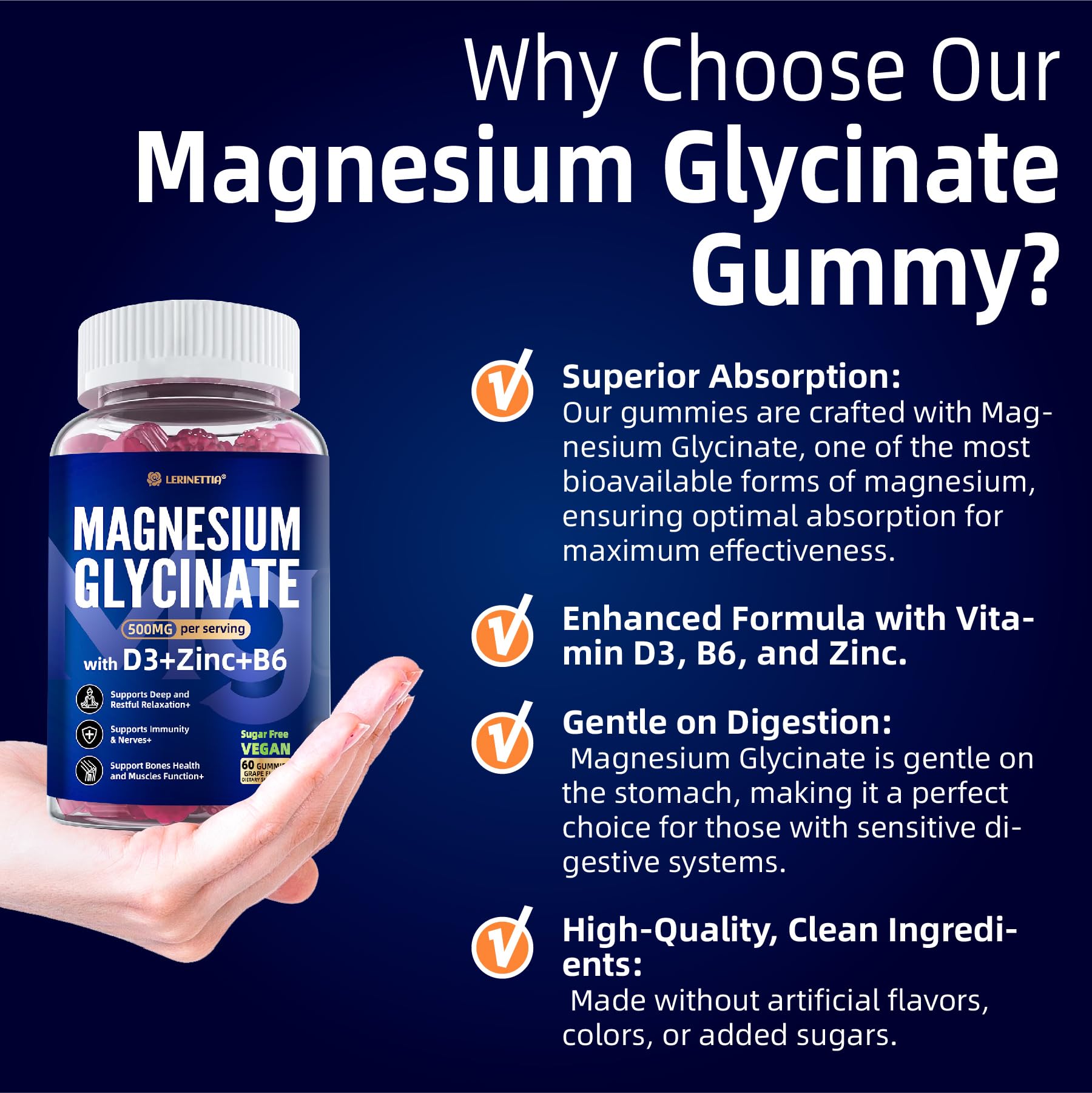 Magnesium Glycinate 500mg/250mg for Adults Teens - Plus D3,B6 & Zinc - Magnesium Glycinate Gummies,High Absorption - Support for Relaxation,Brain,Bone & Immunity Health - Sugar Free - 120Cts LerinettiaBuy Supplements Australia