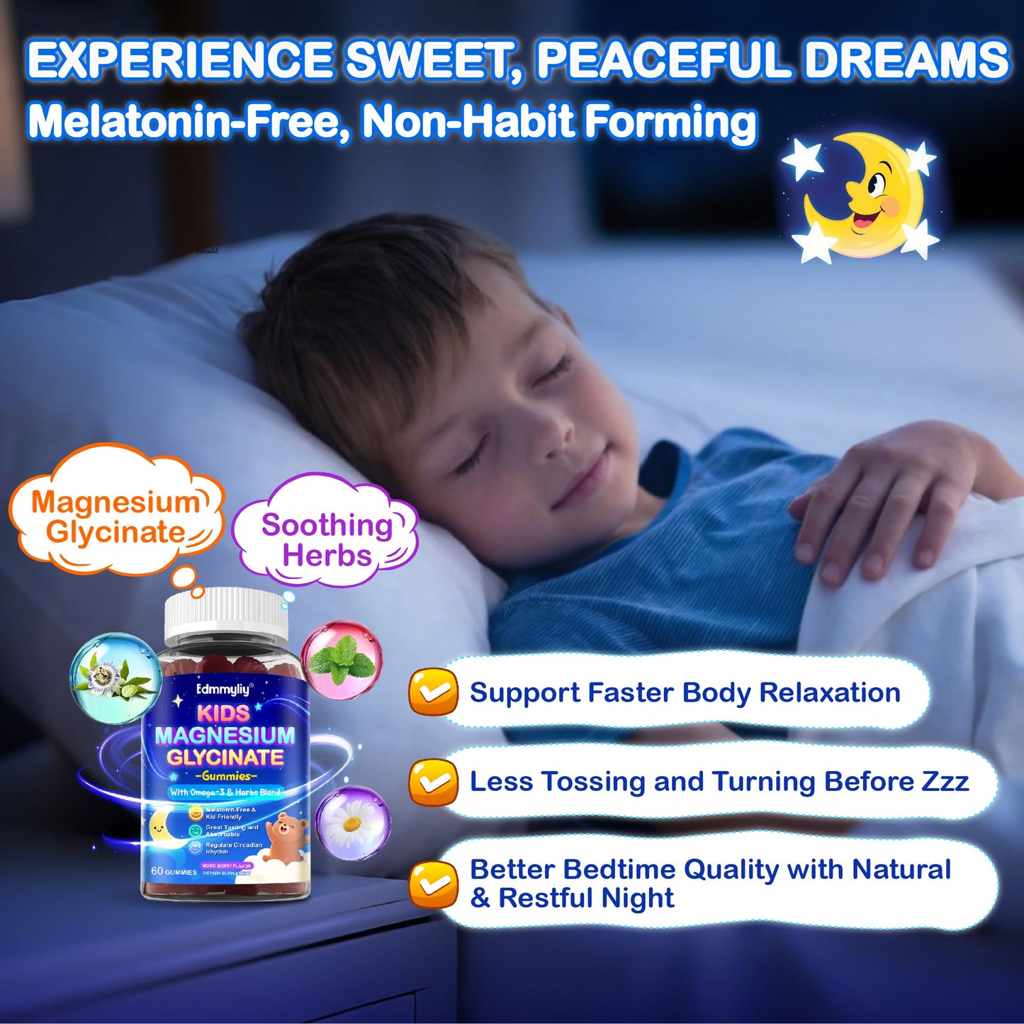 Kids Magnesium Glycinate Gummies - Magnesium Glycinate Supplement 200mg with L-theanine Omega-3 Calcium Vitamin D3 & B12 for Kids Natural Zzz at Bedtime & Overall Health