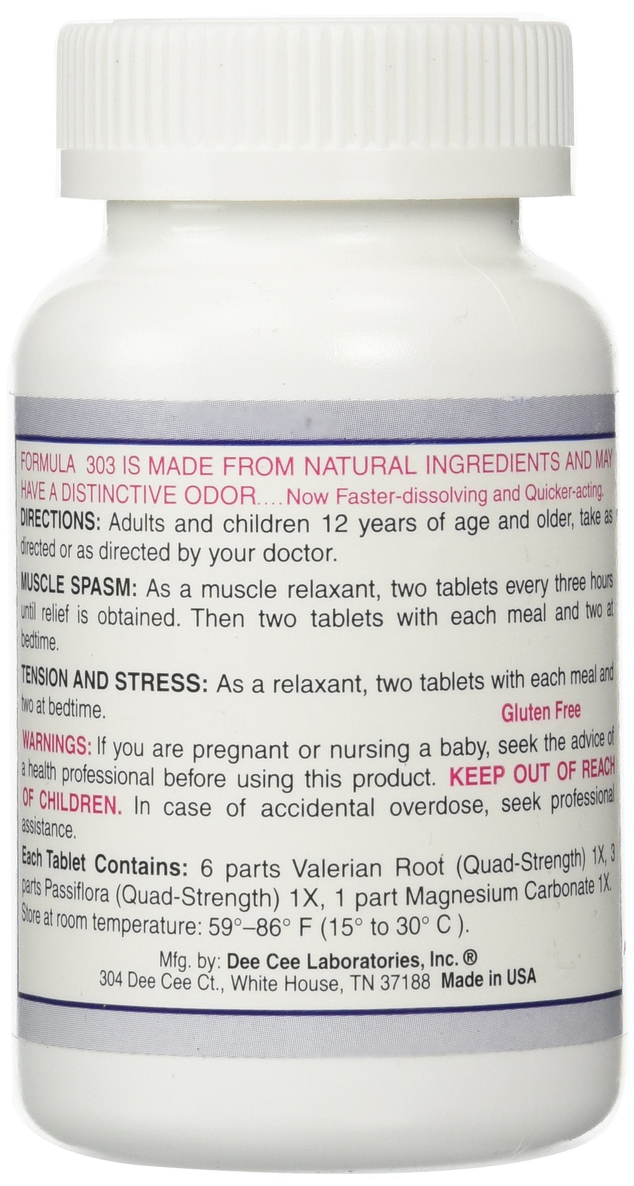 Dee Cee Labs Formula 303 Maximum Strength All-Natural Relaxant Tablets, 250 Tablets; All-Natural Relaxant containing Magnesium for Sore Muscles, Passion Flower, and Valerian Root Dee Cee LaboratoriesBuy Supplements Australia