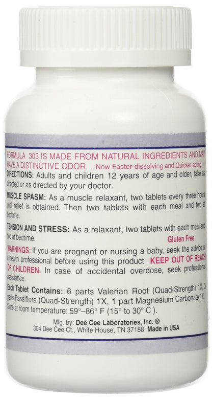 Dee Cee Labs Formula 303 Maximum Strength All-Natural Relaxant Tablets, 250 Tablets; All-Natural Relaxant containing Magnesium for Sore Muscles, Passion Flower, and Valerian Root Dee Cee LaboratoriesBuy Supplements Australia
