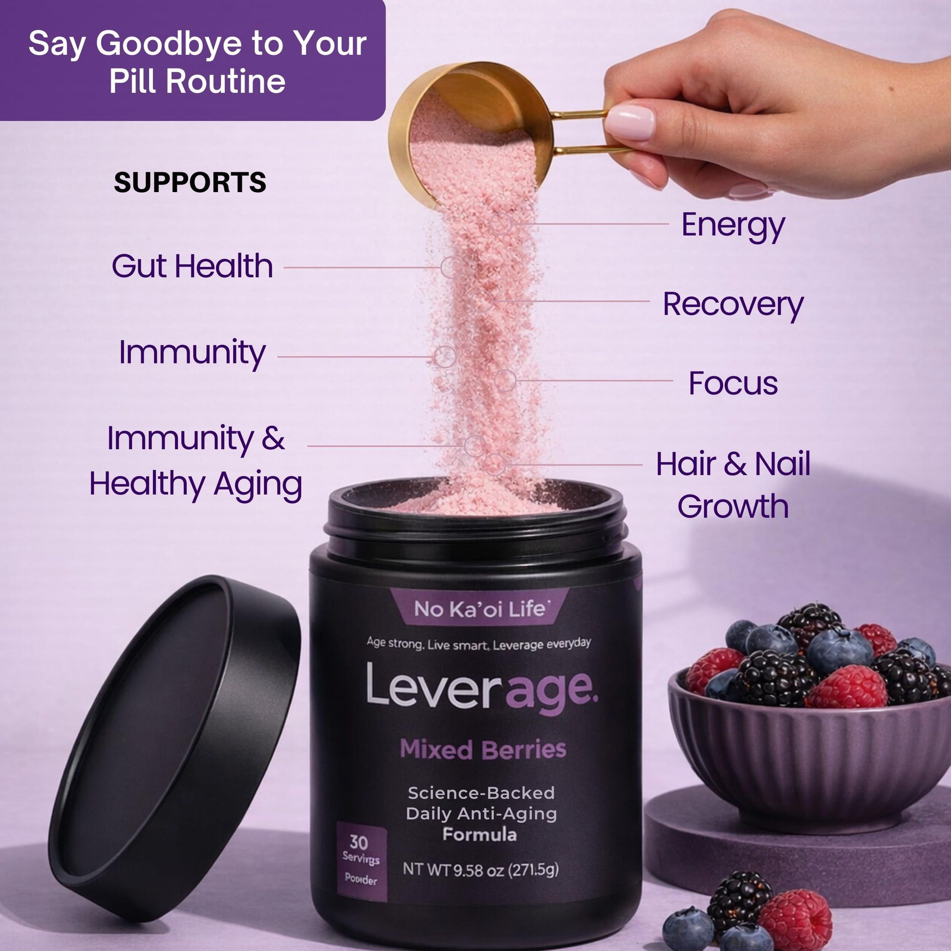 Leverage Mixed Berries Anti–Aging Supplement & Longevity Mix - Daily Wellness Multivitamin Powder with Hyaluronic Acid, L-Glycine & Magnesium for Skin, Energy, Cognitive Function & Joint–30 Servings LeverageBuy Supplements Australia
