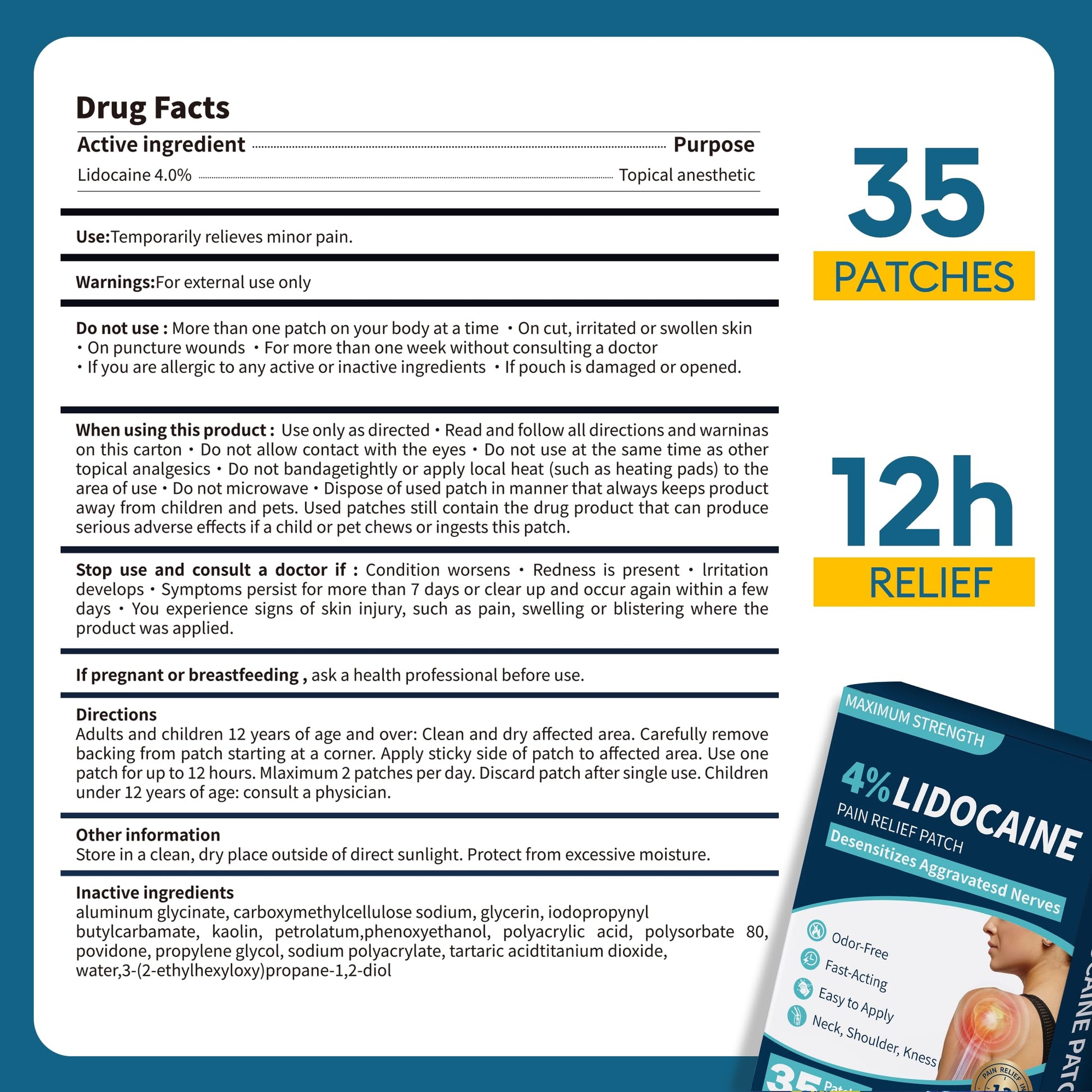 SZLGANG 4% Lidocaine Pain Relief Patches - (Large, 35, Count) Maximum Strength Relief for Back, Neck, Shoulder, Joint & Muscle Pain, 3.9”x 5.5”-03277 SZLGANGBuy Supplements Australia