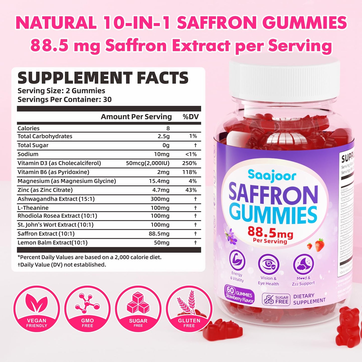 Saffron Gummies for Adult Kids - with Saffron 88.5mg, Vitamins D3 & B6, Magnesium, Zinc, Ashwagandha, L - Theanine, St. John's Wort - Supports Mood & Focus, Strawberry Flavor, 120 Count SaajoorBuy Supplements Australia