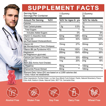 Magnesium Glycinate Gummies for Kids & Adults - Relaxation & Cognition Support - 400/200mg Magnesium Supplement with L-Theanine, Chamomile, B6, D3 & K2