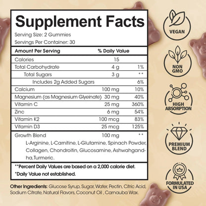Height Growth Increase Vitamin Gummies, Calcium 100mg, Magnesium Glycinate 30mg, Zinc, Ashwagandha, Vitamin K2 D3 25mg Grow Tall Maximizer Supplement HighSpot