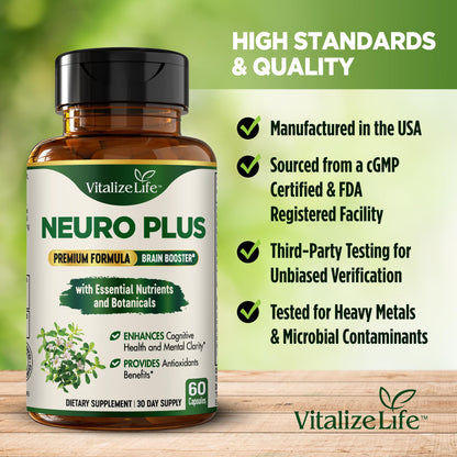 Neuro Plus Brain Supplement - Nootropic for Memory, Focus & Clarity - Neuro Brain and Focus Supplement with Bacopa Monnieri & DHA - Cognitive Support Formula - 60 Capsules Vitalize LifeBuy Supplements Australia