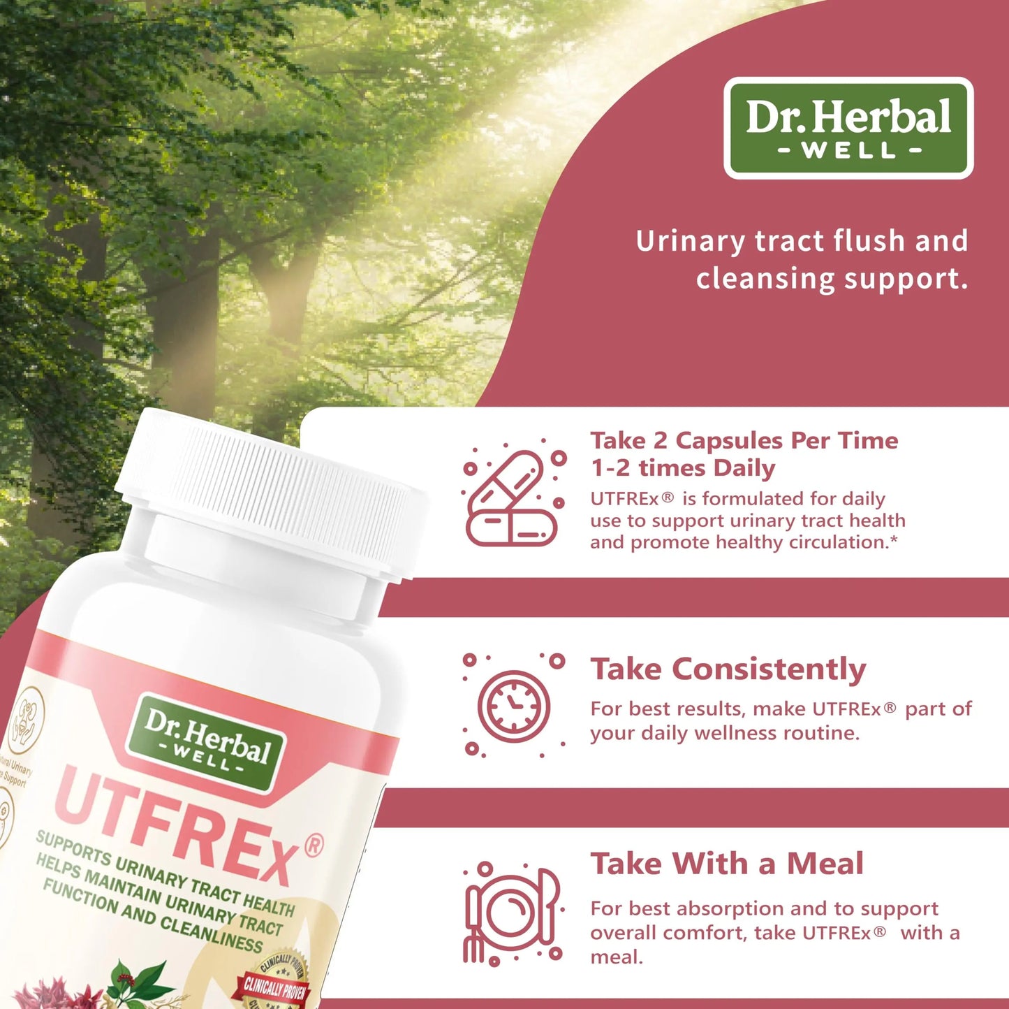 DR. HERBAL WELL UTFREX Clinically Proven Urinary Tract UTI Health Supplement Natural Support Cleanse Flush Protect (No Probiotics & D-Mannose) – 60 Capsules DR. HERBAL WELLBuy Supplements Australia