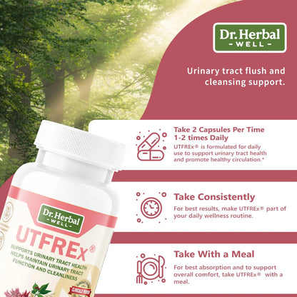 DR. HERBAL WELL UTFREX Clinically Proven Urinary Tract UTI Health Supplement Natural Support Cleanse Flush Protect (No Probiotics & D-Mannose) – 60 Capsules DR. HERBAL WELLBuy Supplements Australia