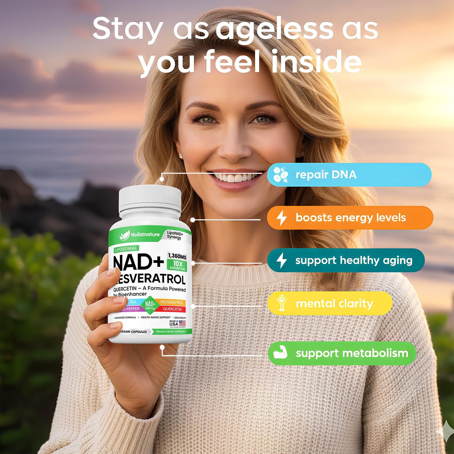 NAD+ Supplement, 1,360mg Max Strength Liposomal | Resveratrol, Quercetin, Green Tea | Cellular Energy & Healthy Aging for Men & Women | 800mg of 100% High Purity NAD+ for Energy, Focus - 90 Capsules HolistnatureBuy Supplements Australia