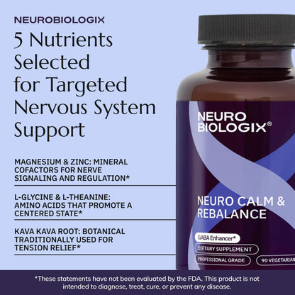 Neurobiologix Neuro Calm & Rebalance, L Theanine, Magnesium, Zinc & Kava Kava Complex for Calm Mood Balance and Stress Support, GABA Activity Support Supplement, Gluten Free, Vegetarian, 90 Capsules NeurobiologixBuy Supplements Australia