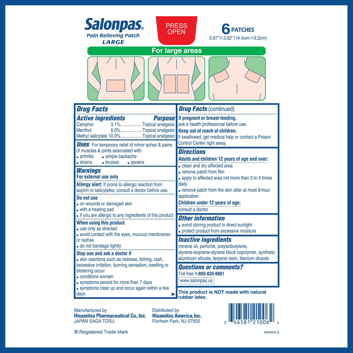 Salonpas Pain Relieving Patch, Large, 6 Count, for Back, Neck, Shoulder, Knee Pain and Muscle Soreness, 8 Hour Pain Relief SalonpasBuy Supplements Australia