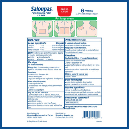 Salonpas Pain Relieving Patch, Large, 6 Count, for Back, Neck, Shoulder, Knee Pain and Muscle Soreness, 8 Hour Pain Relief SalonpasBuy Supplements Australia