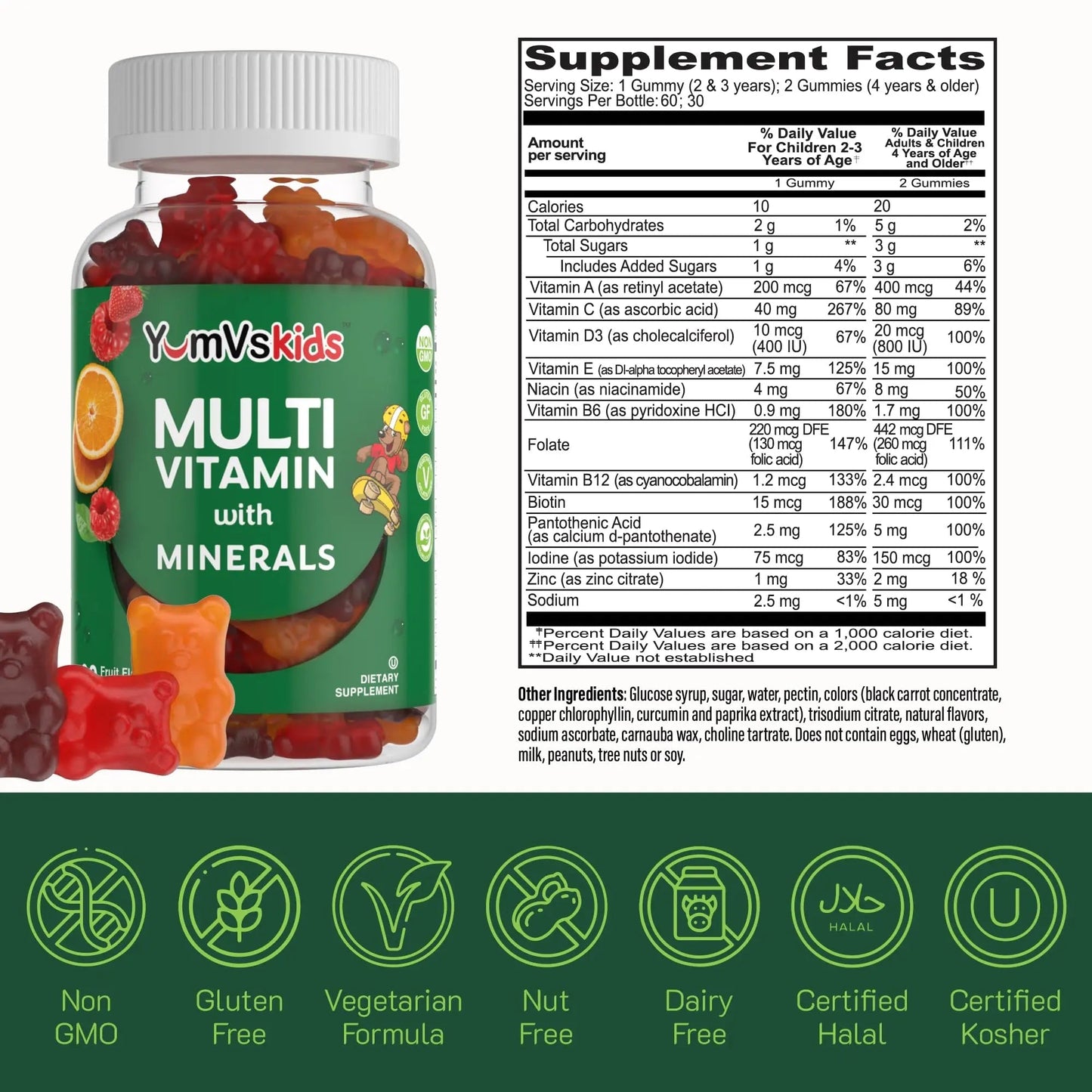 YumVs Kids Multivitamin Gummies - Fruit Flavored Chewable Children's Multivitamin - Kids Vitamins Multivitamin Gummy with 12 Minerals & Vitamins A C D3 E B6 B12 YUM-V'S