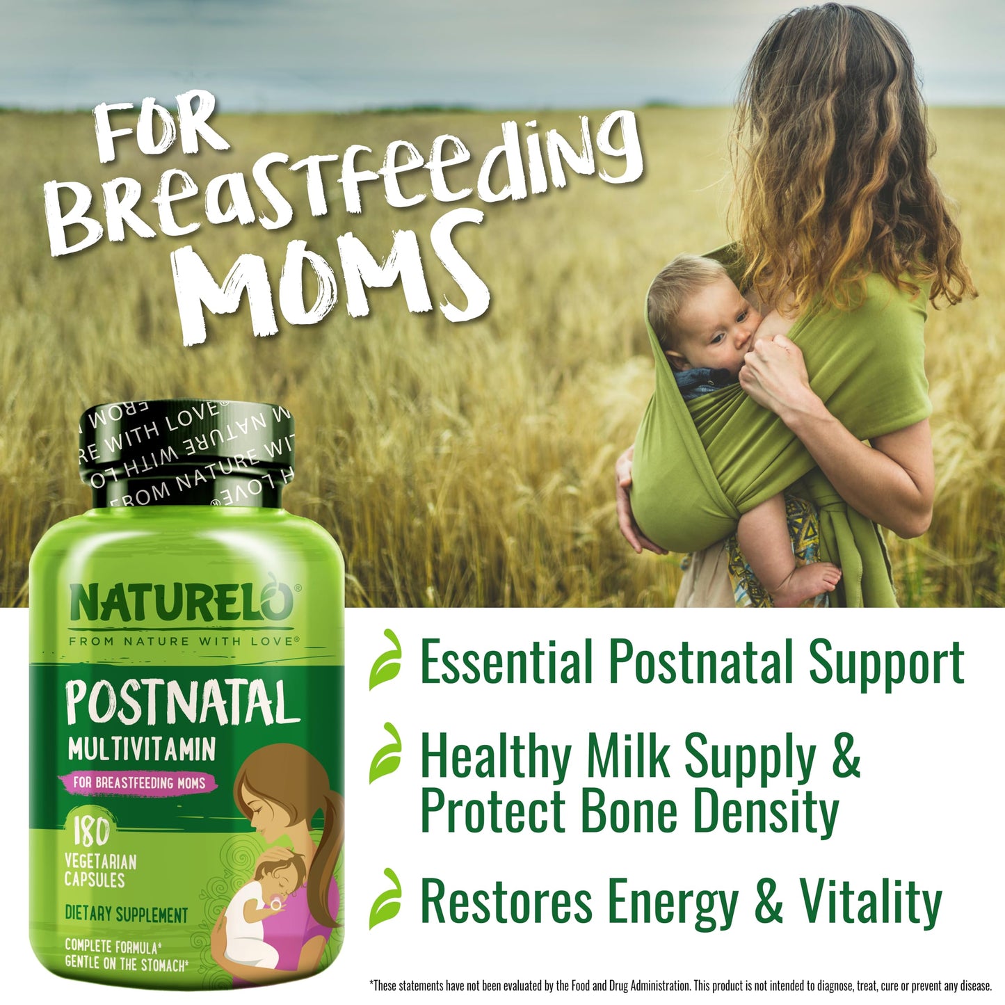 NATURELO Postnatal Multivitamin - Supplement for Breastfeeding Women - Plant-Based Vitamin D, Folate, Gentle Iron - for Nursing Mother, Baby