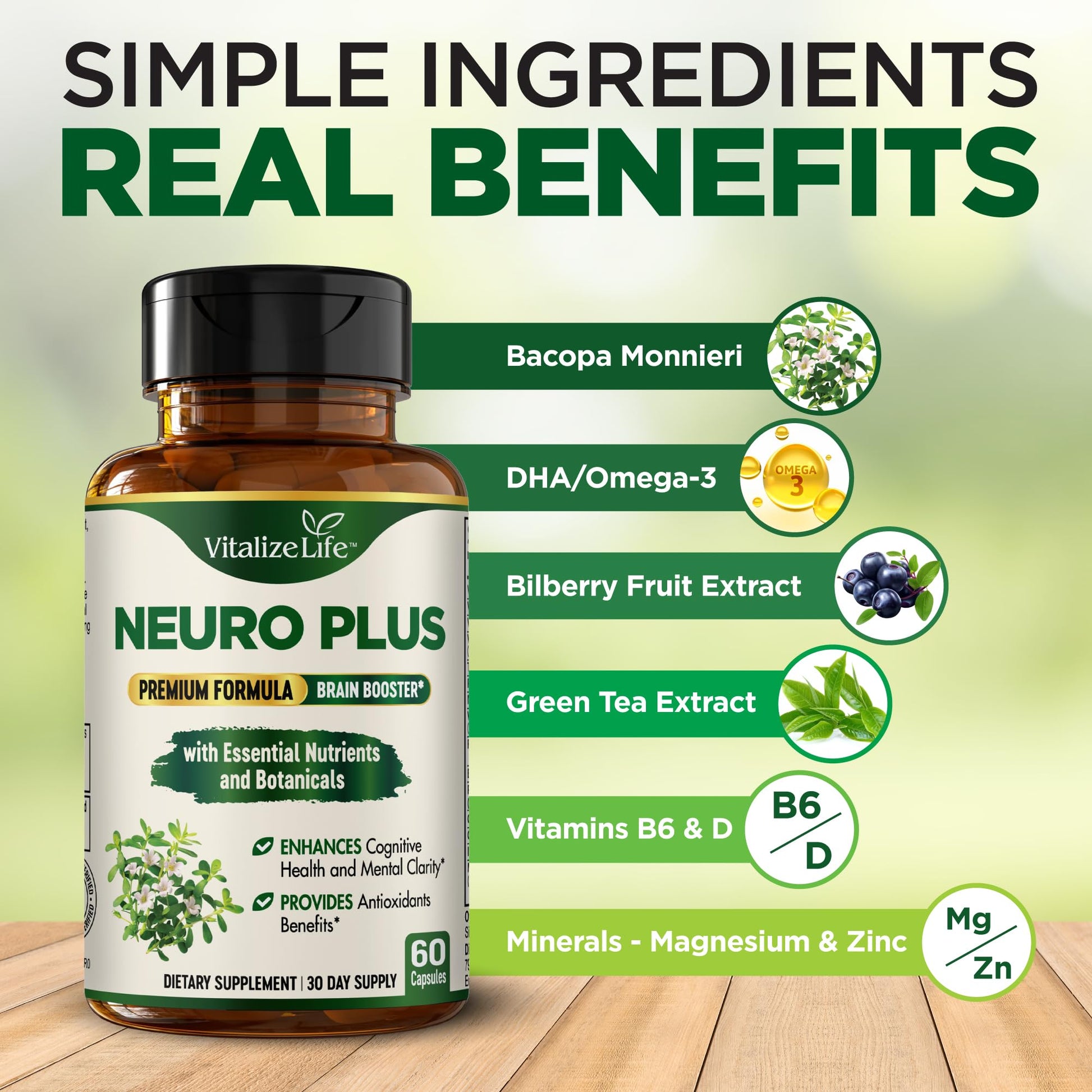Neuro Plus Brain Supplement - Nootropic for Memory, Focus & Clarity - Neuro Brain and Focus Supplement with Bacopa Monnieri & DHA - Cognitive Support Formula - 60 Capsules Vitalize LifeBuy Supplements Australia