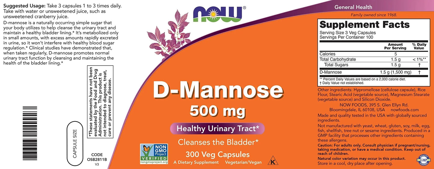 Now D-Mannose 500 mg, 300 Capsules - Vegan, Non GMO Supplement for Women and Men - Supports Healthy Urinary Tract, Cleanses The Bladder NOW FoodsBuy Supplements Australia