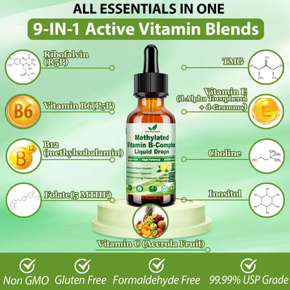 Methylated B Complex Liquid Drop Complete 9-in-1 Methyl B Vitamins w. B12 Methylfolate Inositol Choline TMG Vitamin C E, Super B-Complex Methylated for MTHFR Support, Energy Mood Nerve & Brain Health1 Vita PLynxeraBuy Supplements Australia
