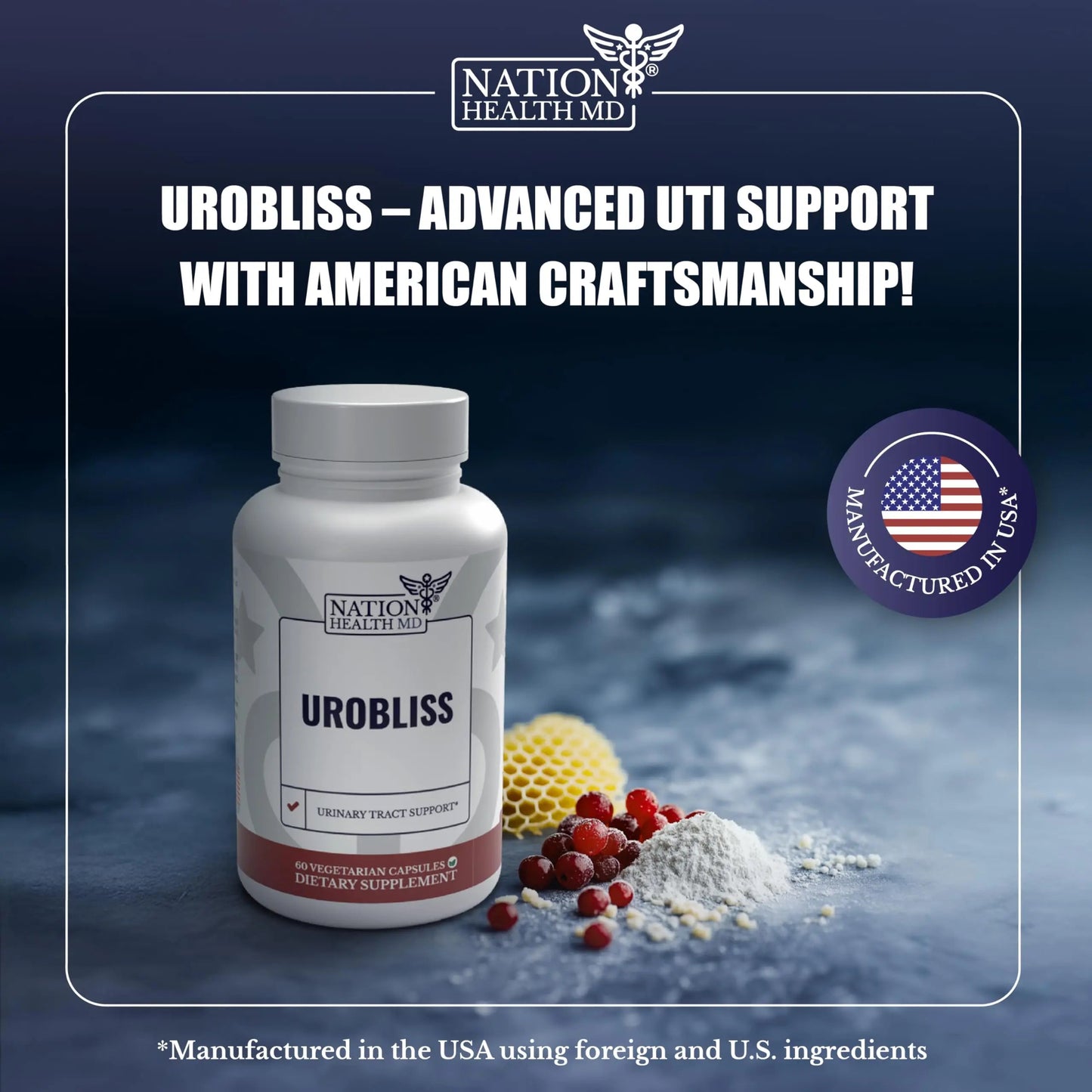 NATION HEALTH MD UroBliss Formula for Urinary Tract Support - D Mannose 1000mg Capsules with Cranberry Extract for Feminine Care and UTI-Health, 60 Capsules NATION HEALTH MDBuy Supplements Australia