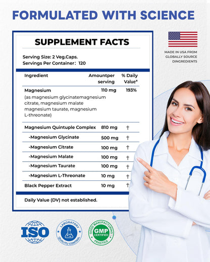 820mg Magnesium Complex 240 Veggie Capsules,for Women & Men with Magnesium Glycinate,Citrate, Malate,Taurate & L-Threonate for Sleep, Mood, Muscle Relaxation & Nerve Function Vegan Friendly, Non-GMO - Maple Wellness Supplements