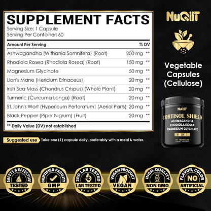 8in1 Cortisol Shield - Ashwagandha and Magnesium, Rhodiola Rosea, Lions Mane, Sea Moss, Turmeric, St Jonh's Wort - Mind& Mood Balance, Rest Well, Support Immume - 60 Capsules - Maple Wellness Supplements