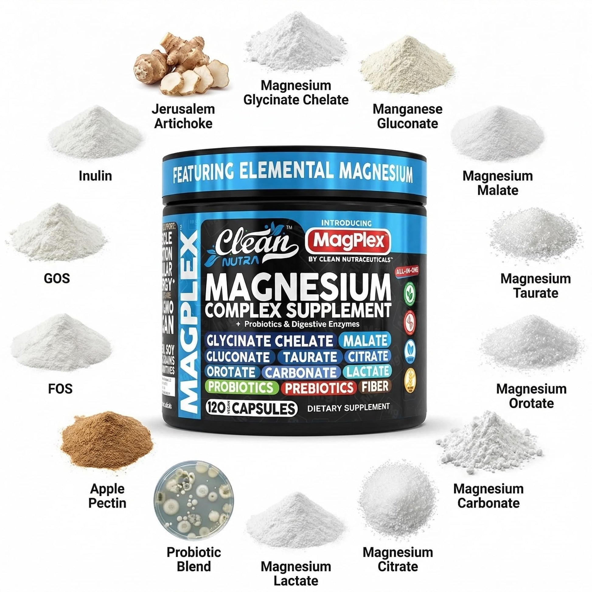 8in1 Magnesium Supplement Complex | Magnesium Glycinate Citrate Malate Gluconate Orotate Carbonate Lactate + Prebiotics Probiotics Digestive Enzymes Magnesio - Maple Wellness Supplements