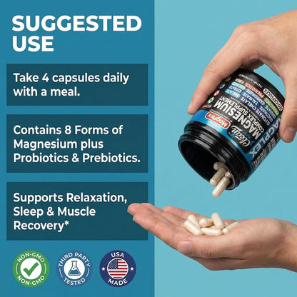 8in1 Magnesium Supplement Complex | Magnesium Glycinate Citrate Malate Gluconate Orotate Carbonate Lactate + Prebiotics Probiotics Digestive Enzymes Magnesio - Maple Wellness Supplements
