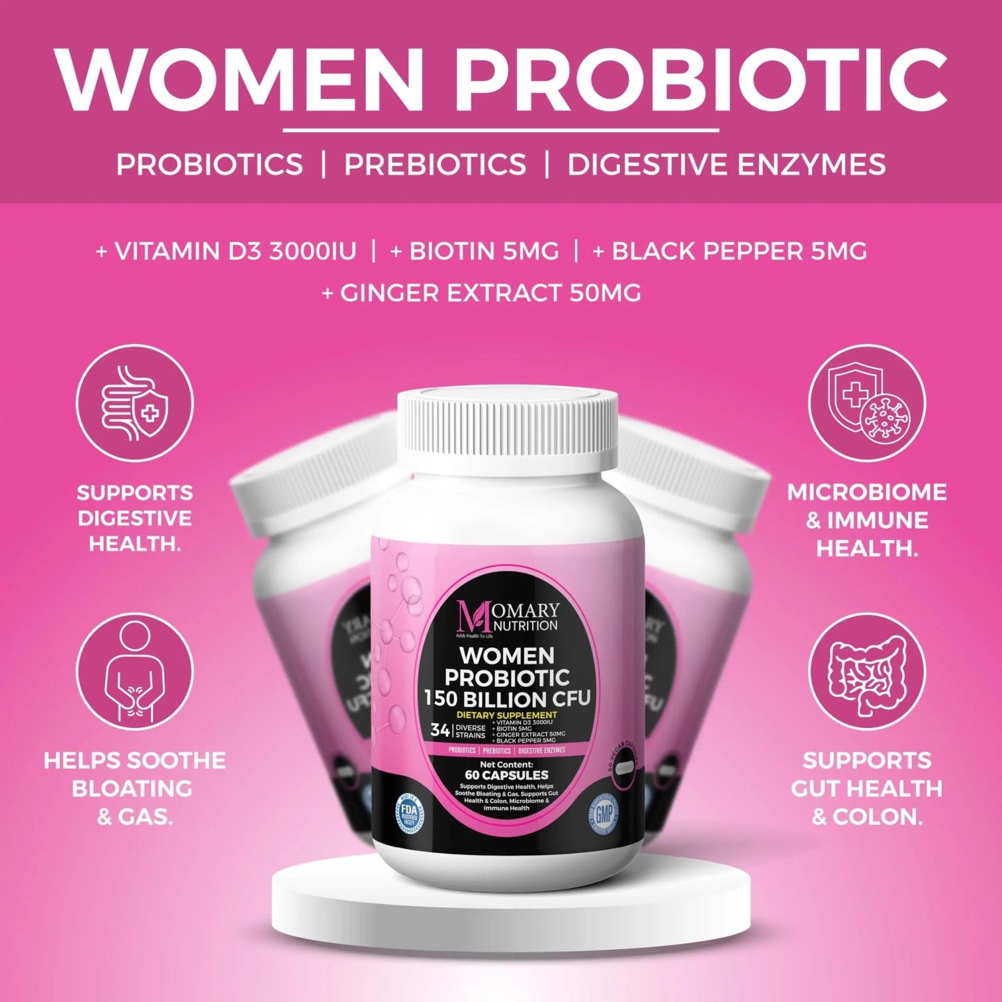 9-in-1 Bio Cultures Complex for Women – 150 Billion CFU Probiotics with 34 Diverse Strains, Organic Prebiotics, Postbiotics, Digestive Enzymes & Biotin – Supports Digestive Balance & Gut Microbiome - Maple Wellness Supplements
