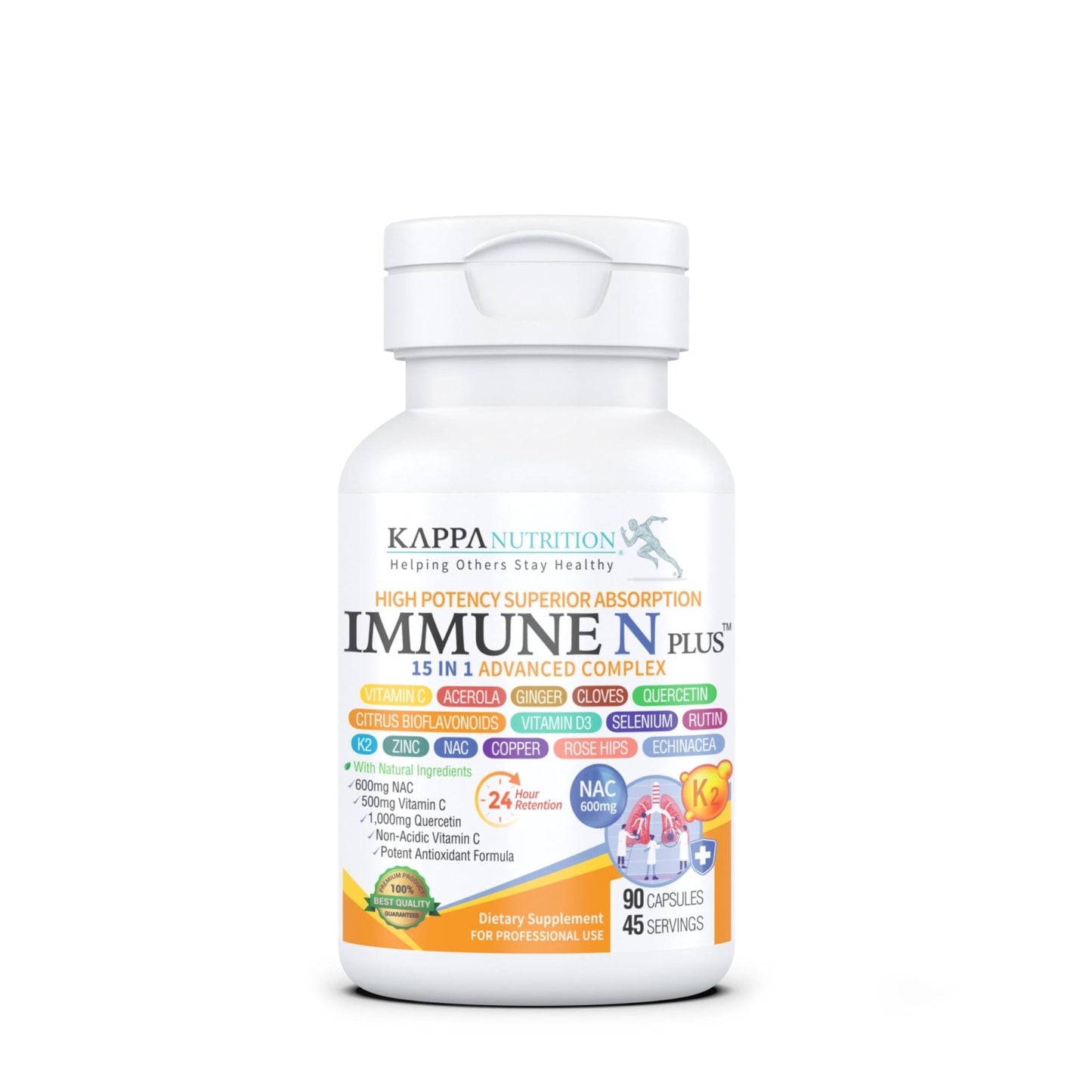 (90 Capsules), NAC 600mg, Quercetin 1,000mg, Vitamin C 500mg, Zinc 50mg, Vitamin D3 5,000iu, Selenium, Copper, Acerola, Ginger, Rutin, Citrus Bioflavonoids, Rose Hips, Echinacea, Immune N Plus 15 in 1 - Maple Wellness Supplements