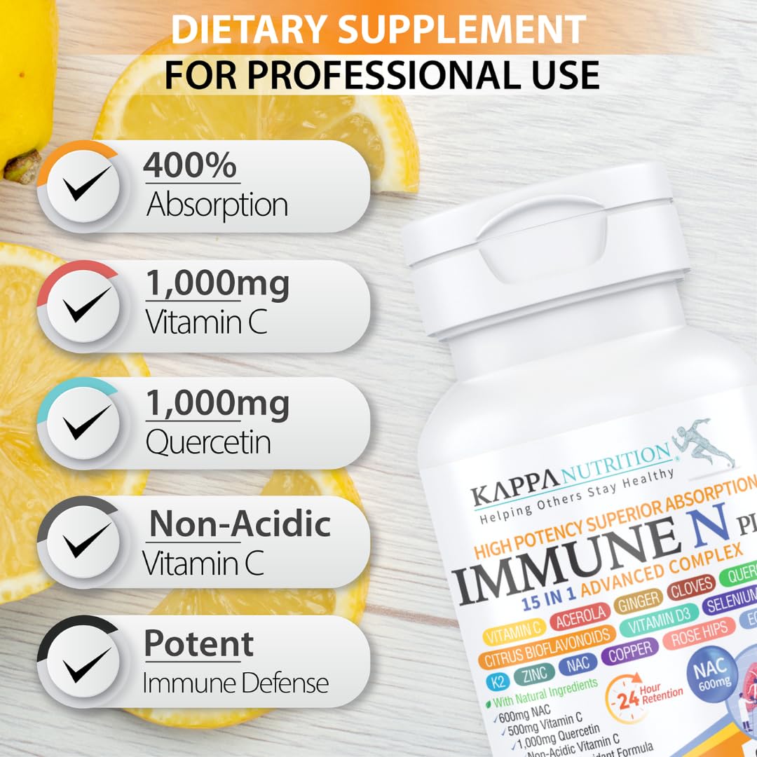 (90 Capsules), NAC 600mg, Quercetin 1,000mg, Vitamin C 500mg, Zinc 50mg, Vitamin D3 5,000iu, Selenium, Copper, Acerola, Ginger, Rutin, Citrus Bioflavonoids, Rose Hips, Echinacea, Immune N Plus 15 in 1 - Maple Wellness Supplements