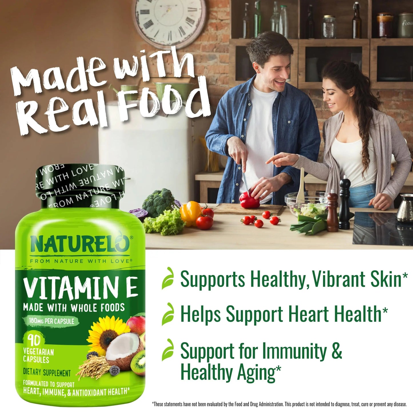 NATURELO Vitamin E Capsules 180 mg - 90 Vegan Capsules | Supports Skin, Hair, and Nails | Immune and Eye Health | NATURELOBuy Supplements Australia