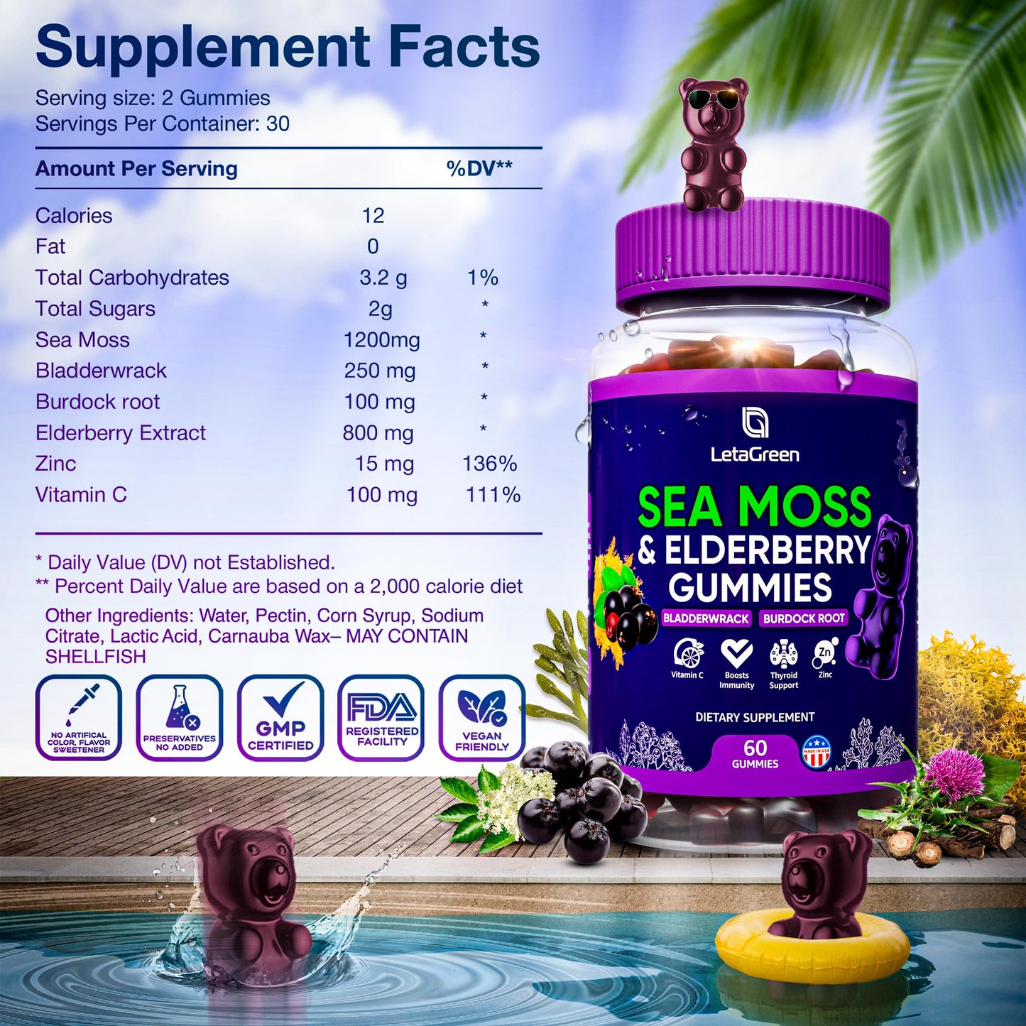 LetaGreen Irish Sea Moss Gummies - 60 Vegan Seamoss Gummies Bears LetaGreenBuy Supplements Australia
