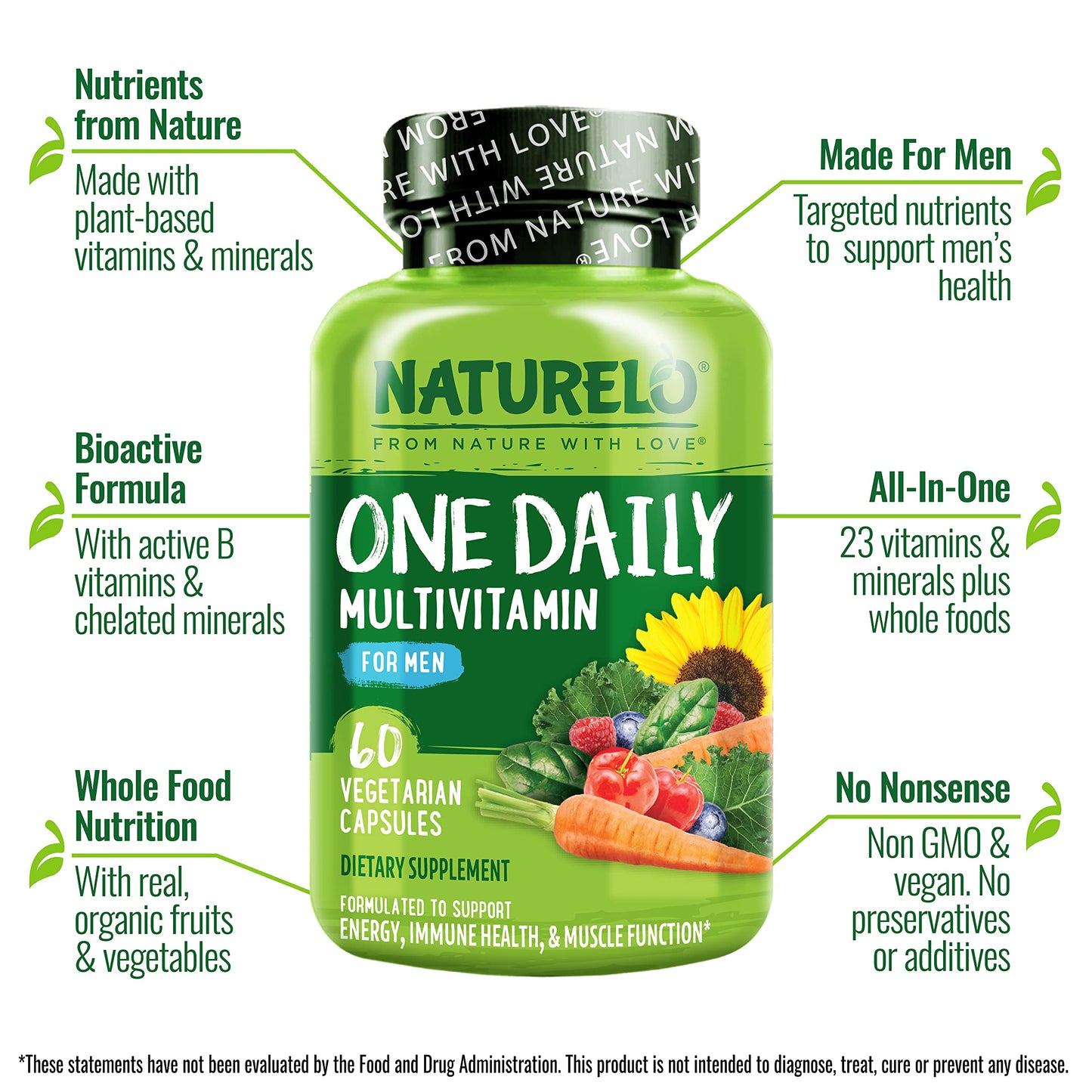 NATURELO Mens Multivitamins - One Daily Multivitamin for Men with Vitamins, Minerals & Organic Whole Foods, Boost Energy & Health,