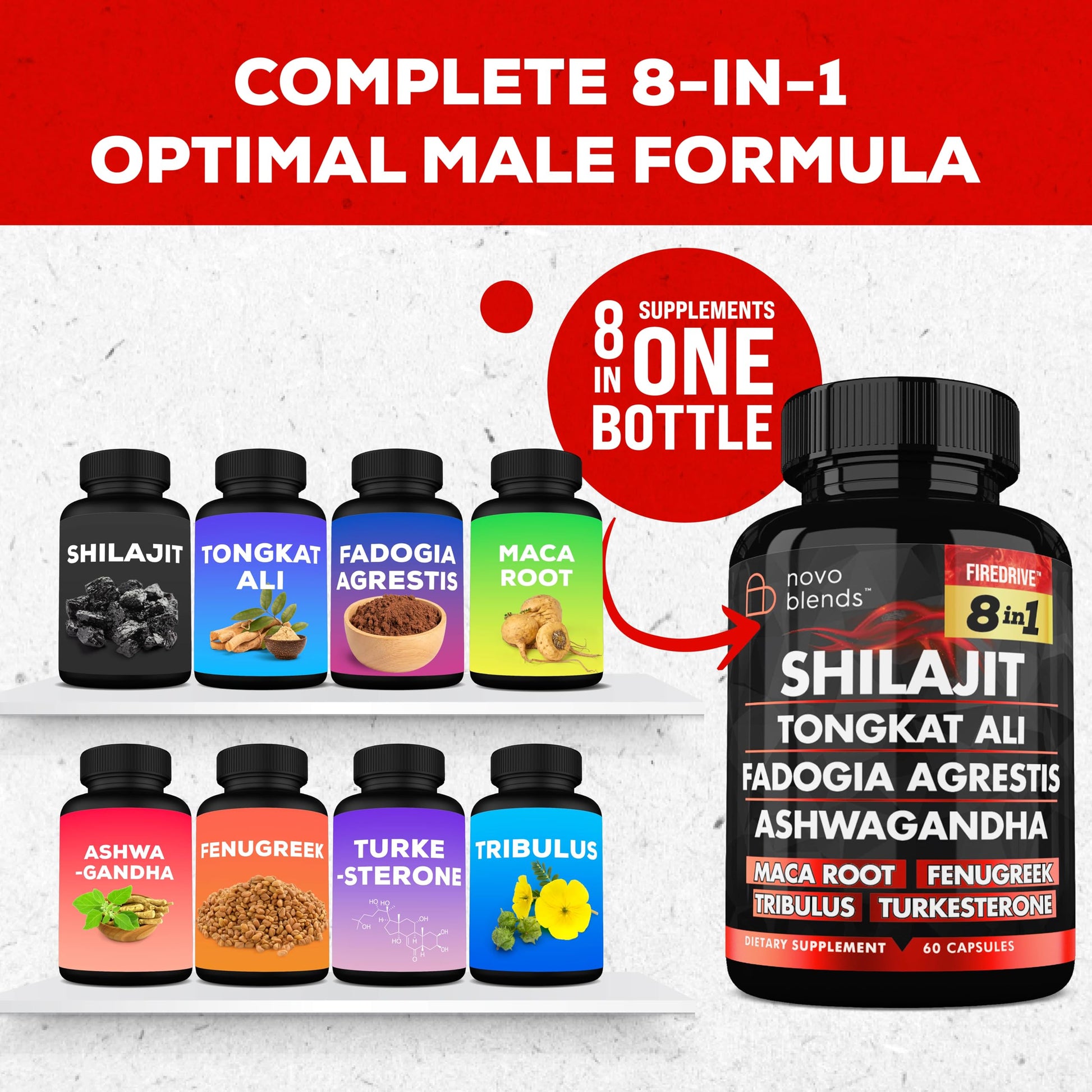 Shilajit 3000mg Tongkat Ali 15,000mg Fadogia Agrestis 1000mg Maca Root 2000mg Ashwagandha 4000mg Fenugreek 1500mg Tribulus Terrestris 500mg Turkesterone 500mg, 8-in-1 Supplement Blend for Men Novo BlendsBuy Supplements Australia