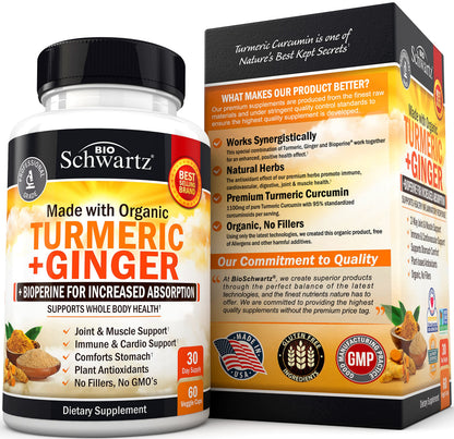 Organic Turmeric Curcumin and Ginger - 95% Standardized Curcuminoids with BioPerine BioSchwartzBuy Supplements Australia